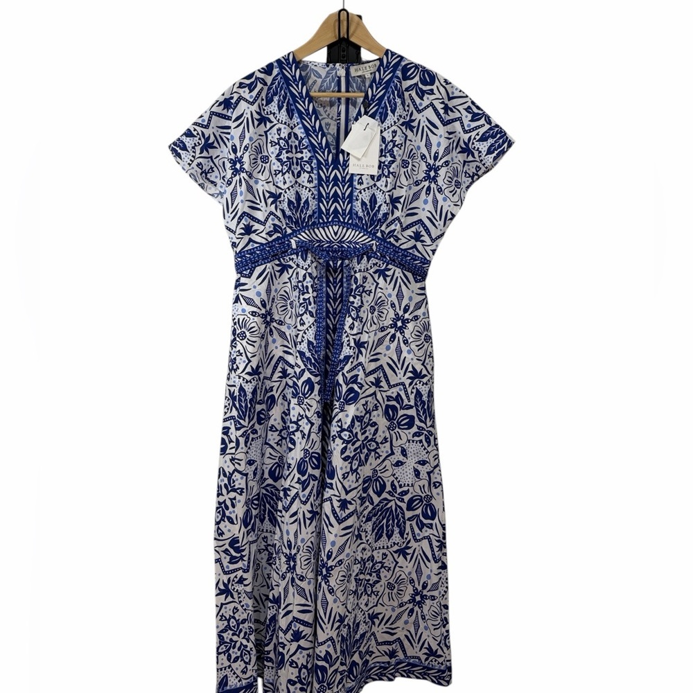 HALE BOB Galilea Poplin Blue & White Floral V-Neck Midi Dress Size Large NWT - Picture 3 of 11